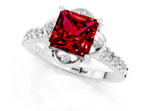 White gold Princess Cut Ruby Ring with Pavé Band and Floral Prong Setting_1