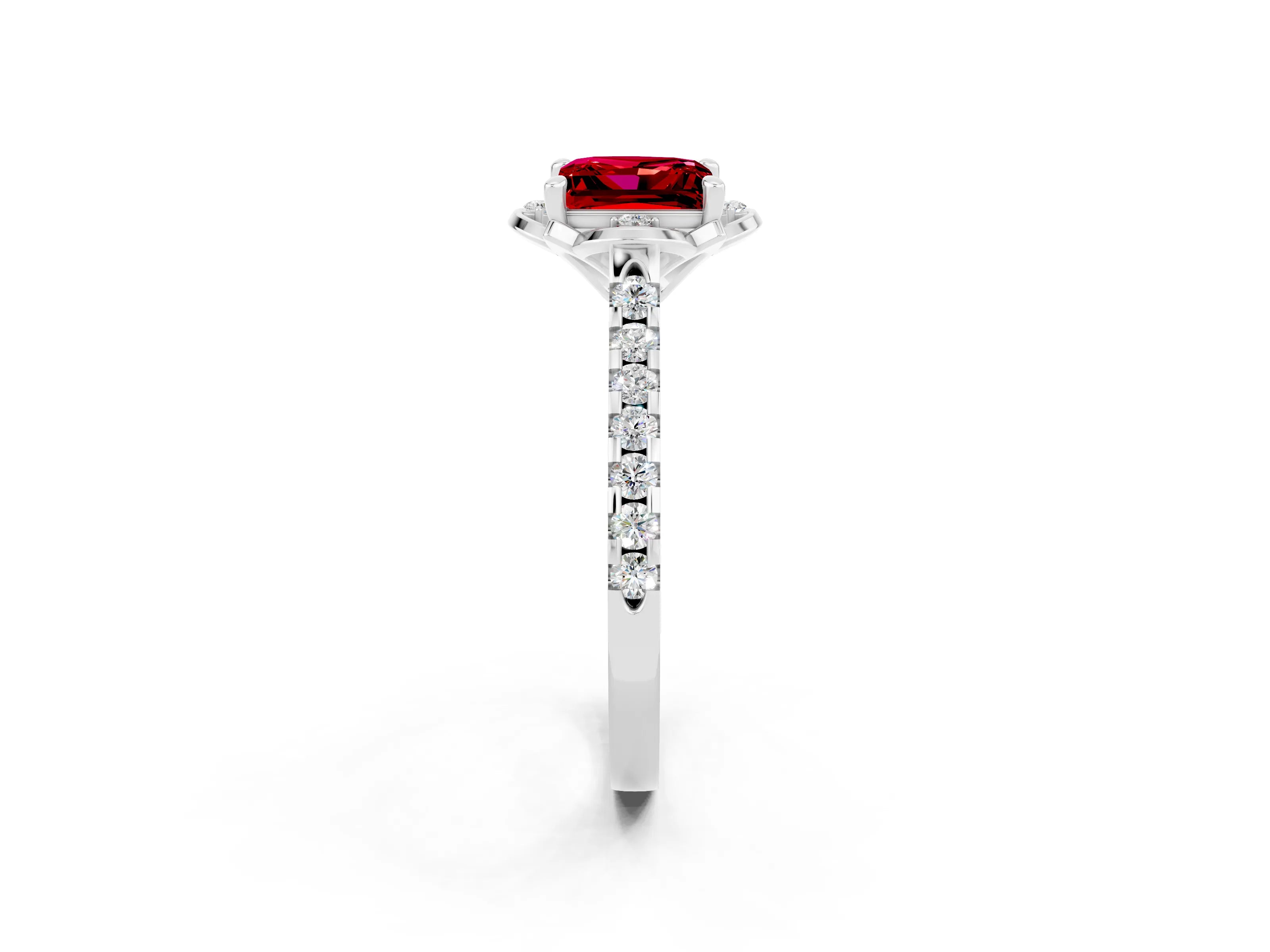 White gold Princess Cut Ruby Ring with Pavé Band and Floral Prong Setting_2