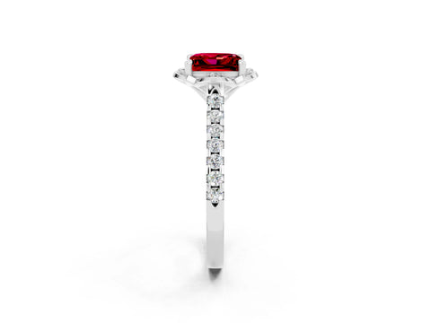 White gold Princess Cut Ruby Ring with Pavé Band and Floral Prong Setting_2