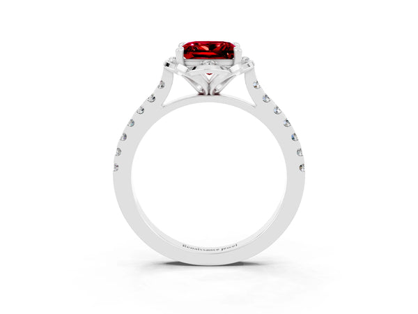 White gold Princess Cut Ruby Ring with Pavé Band and Floral Prong Setting