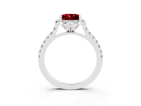 White gold Princess Cut Ruby Ring with Pavé Band and Floral Prong Setting_3
