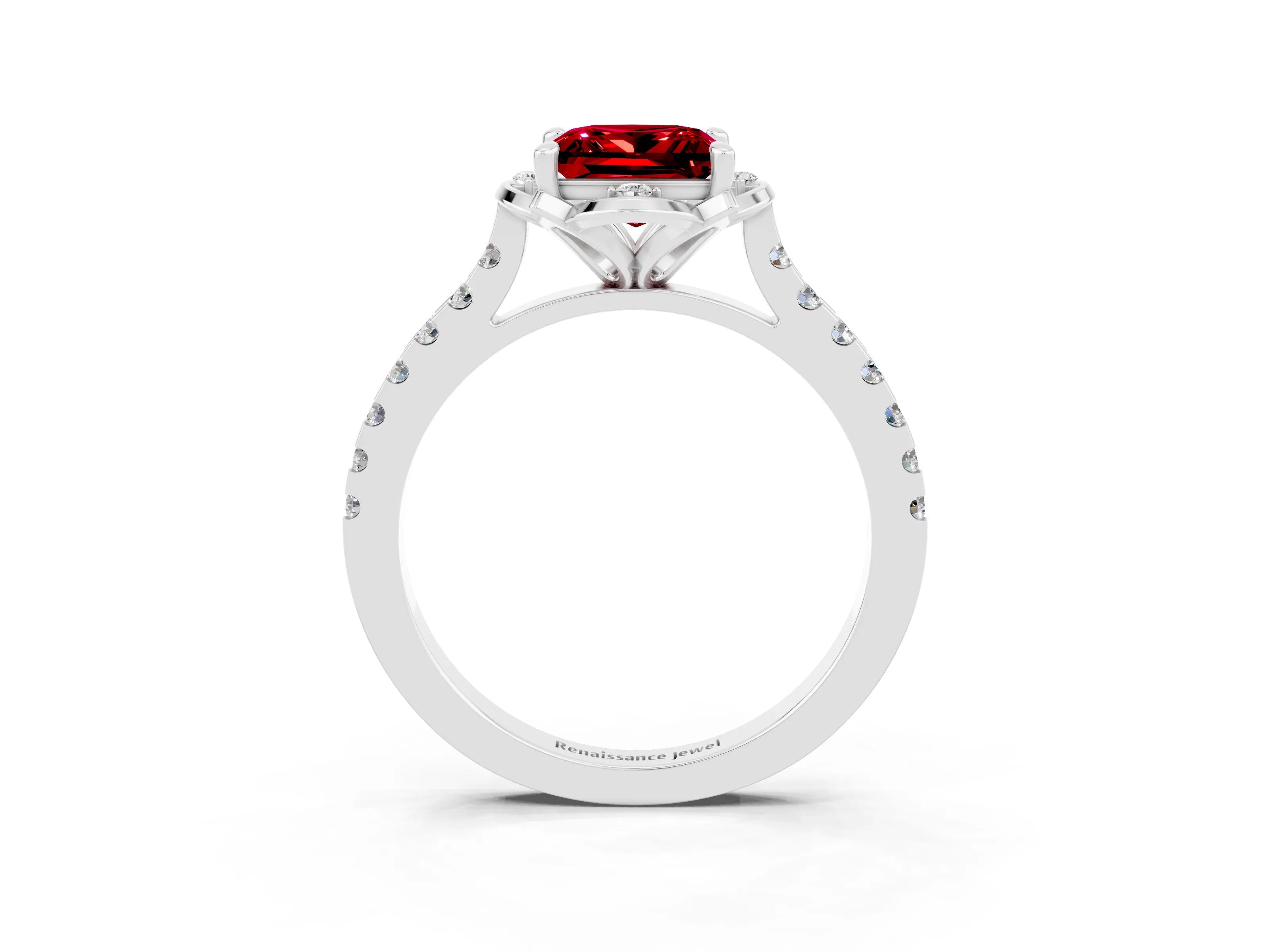 White gold Princess Cut Ruby Ring with Pavé Band and Floral Prong Setting_3