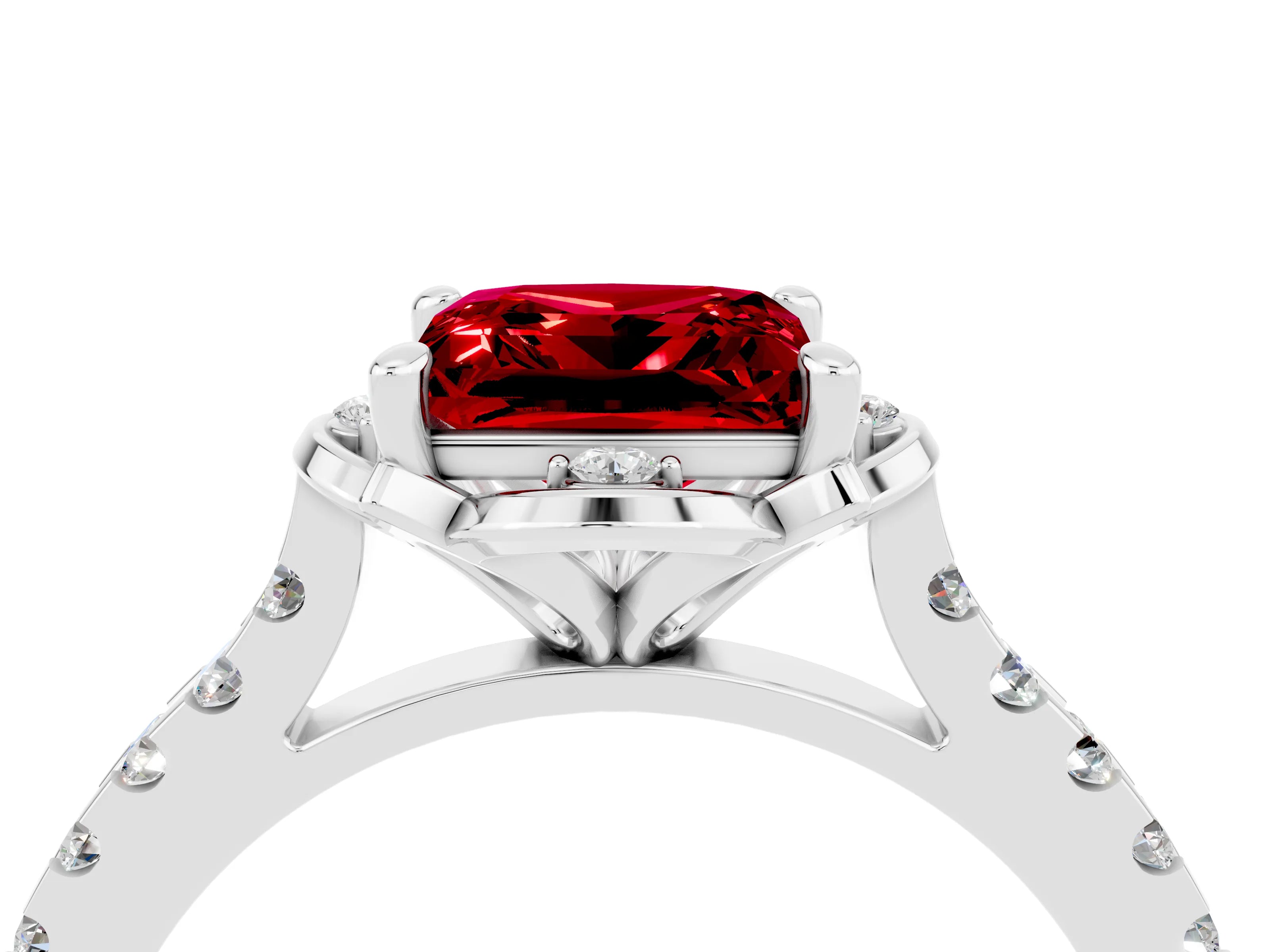 White gold Princess Cut Ruby Ring with Pavé Band and Floral Prong Setting_4