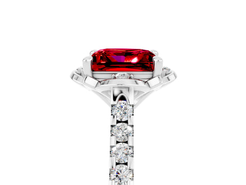 White gold Princess Cut Ruby Ring with Pavé Band and Floral Prong Setting_5