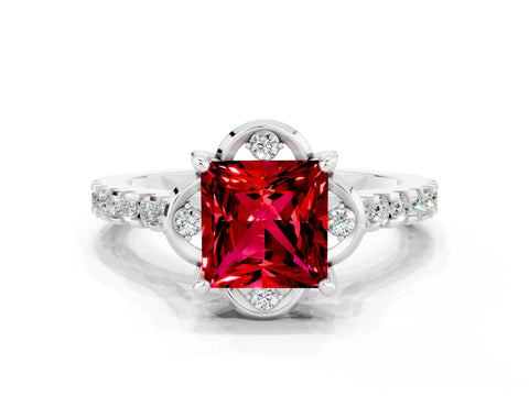 White gold Princess Cut Ruby Ring with Pavé Band and Floral Prong Setting