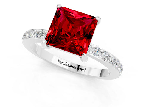 White gold Princess Cut Ruby Ring with Pavé Band and Four-Prong Setting_1