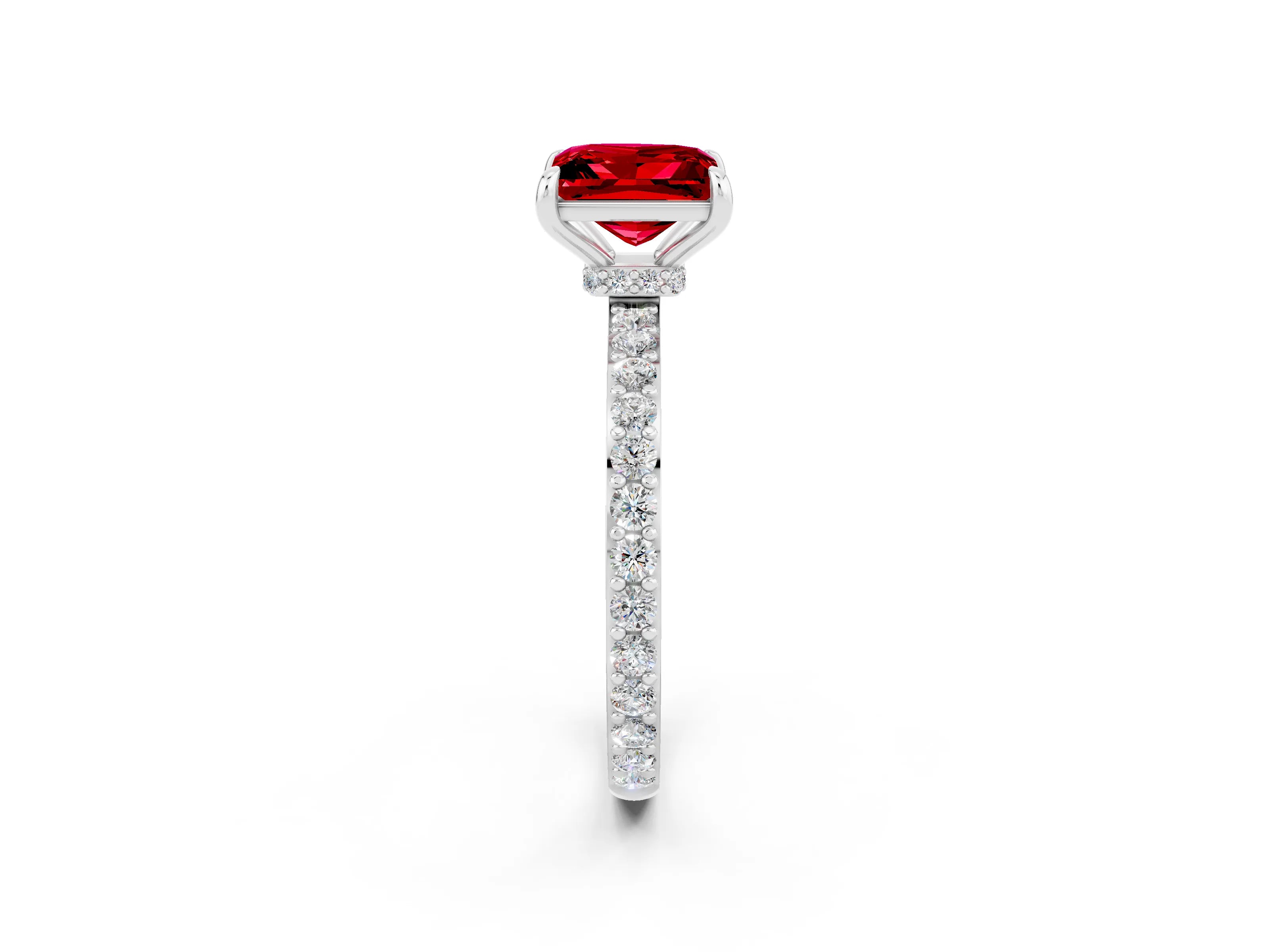 White gold Princess Cut Ruby Ring with Pavé Band and Four-Prong Setting_2