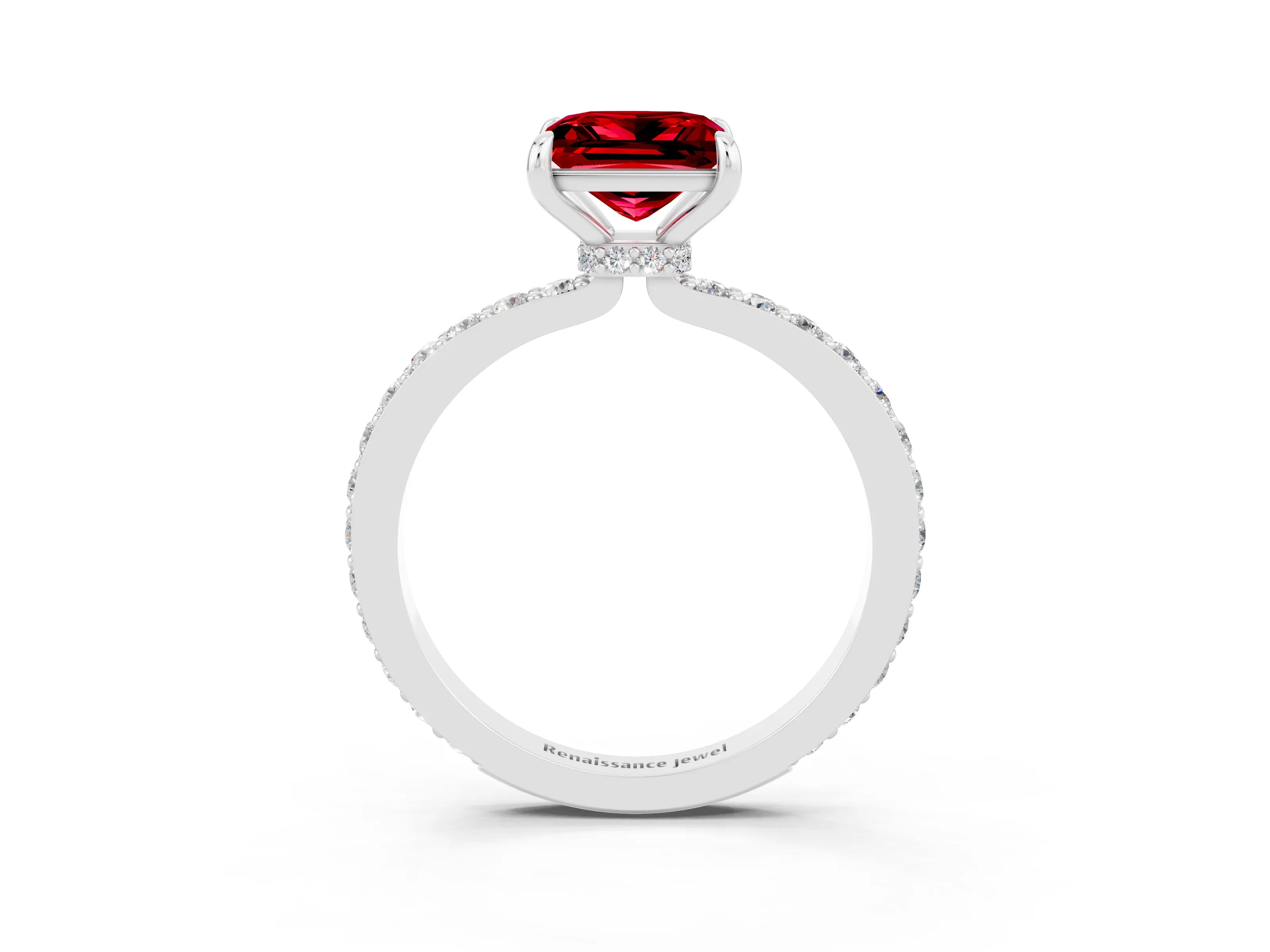 White gold Princess Cut Ruby Ring with Pavé Band and Four-Prong Setting_3