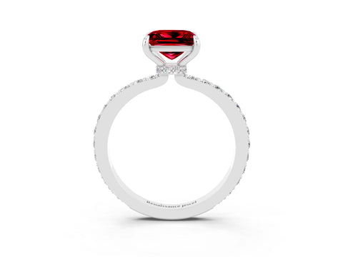 White gold Princess Cut Ruby Ring with Pavé Band and Four-Prong Setting_3
