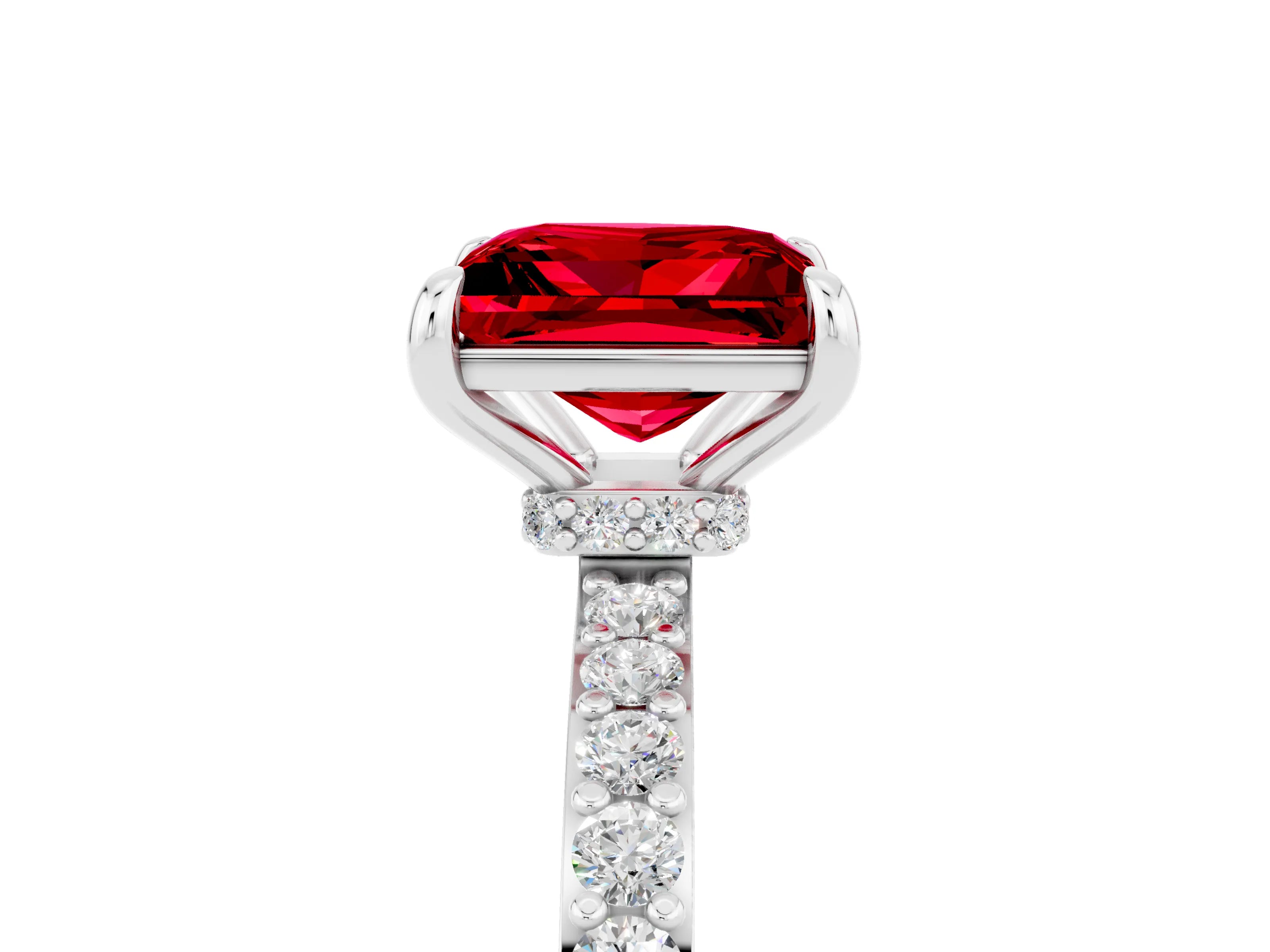 White gold Princess Cut Ruby Ring with Pavé Band and Four-Prong Setting_5
