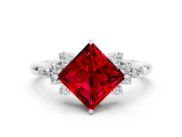 Silver Princess Cut Ruby Ring with Side Stones and Four-Prong Setting