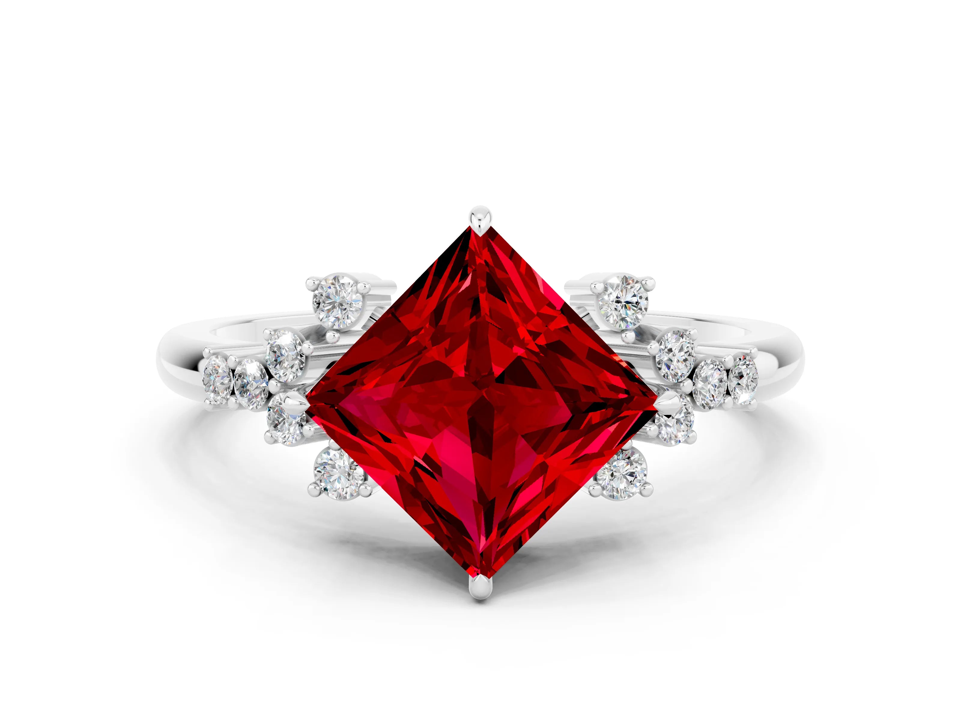 White gold Princess Cut Ruby Ring with Side Stones and Four-Prong Setting_36