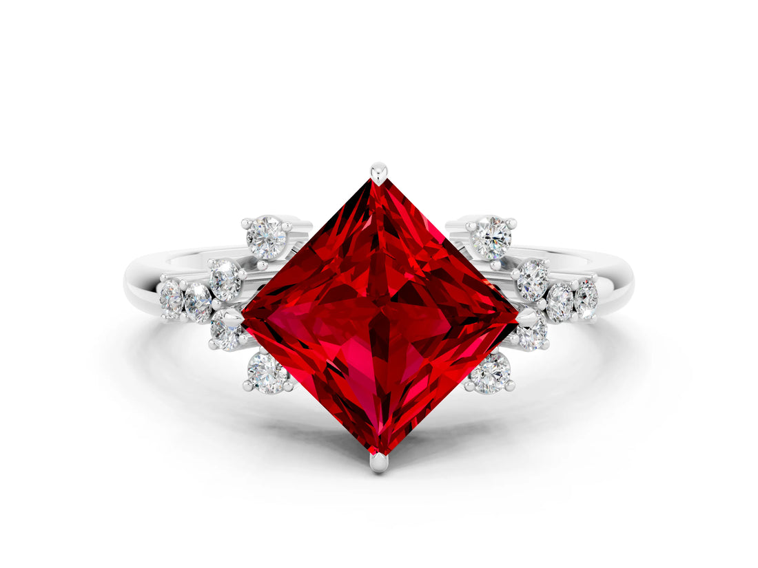 White gold Princess Cut Ruby Ring with Side Stones and Four-Prong Setting_36