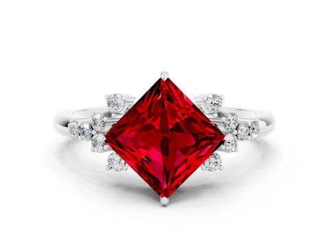 White gold Princess Cut Ruby Ring with Side Stones and Four-Prong Setting_36