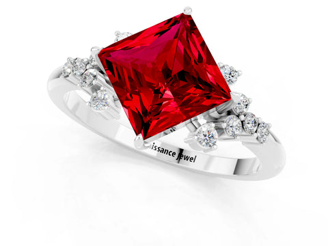 White gold Princess Cut Ruby Ring with Side Stones and Four-Prong Setting_37