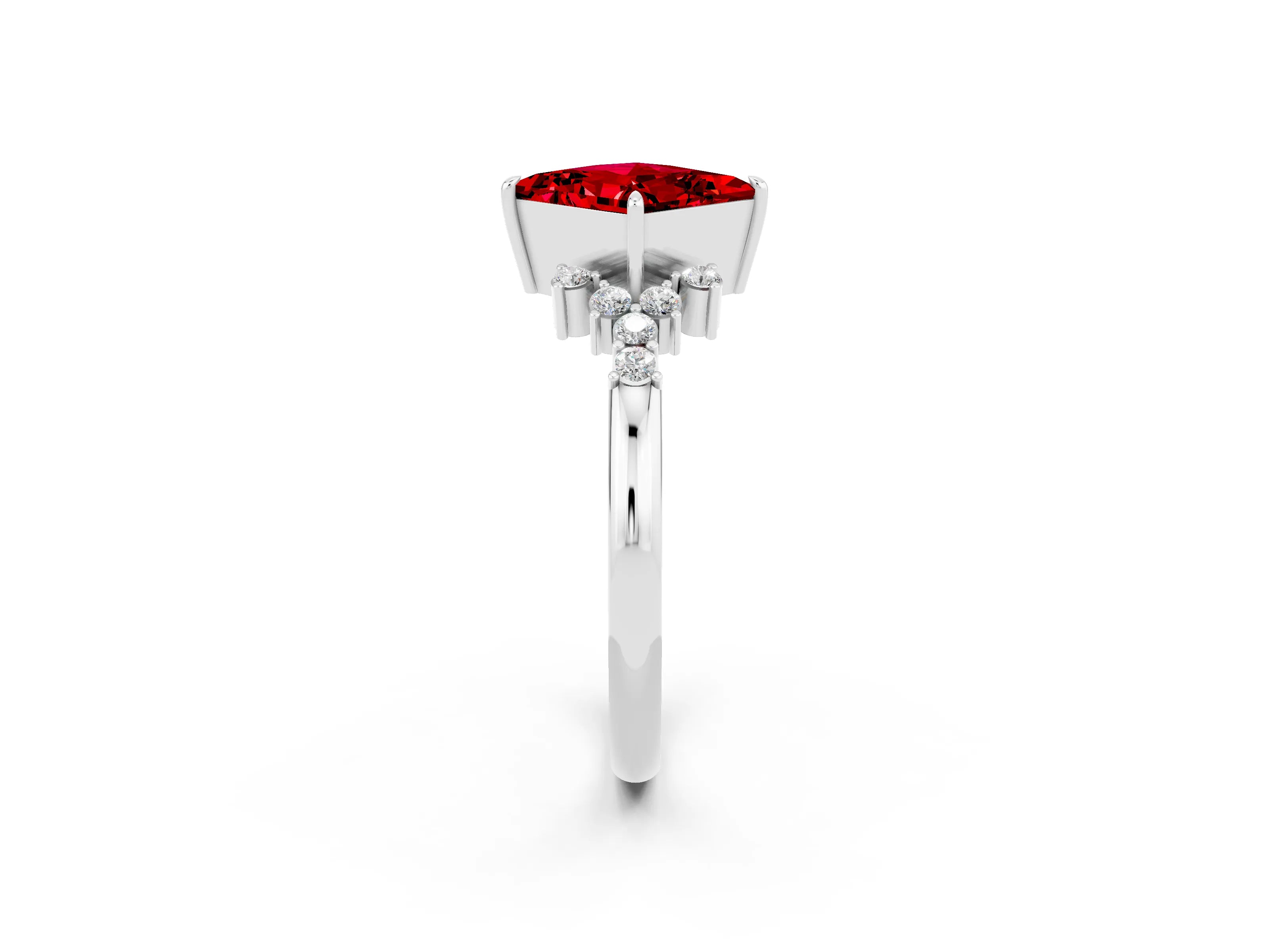 White gold Princess Cut Ruby Ring with Side Stones and Four-Prong Setting_38