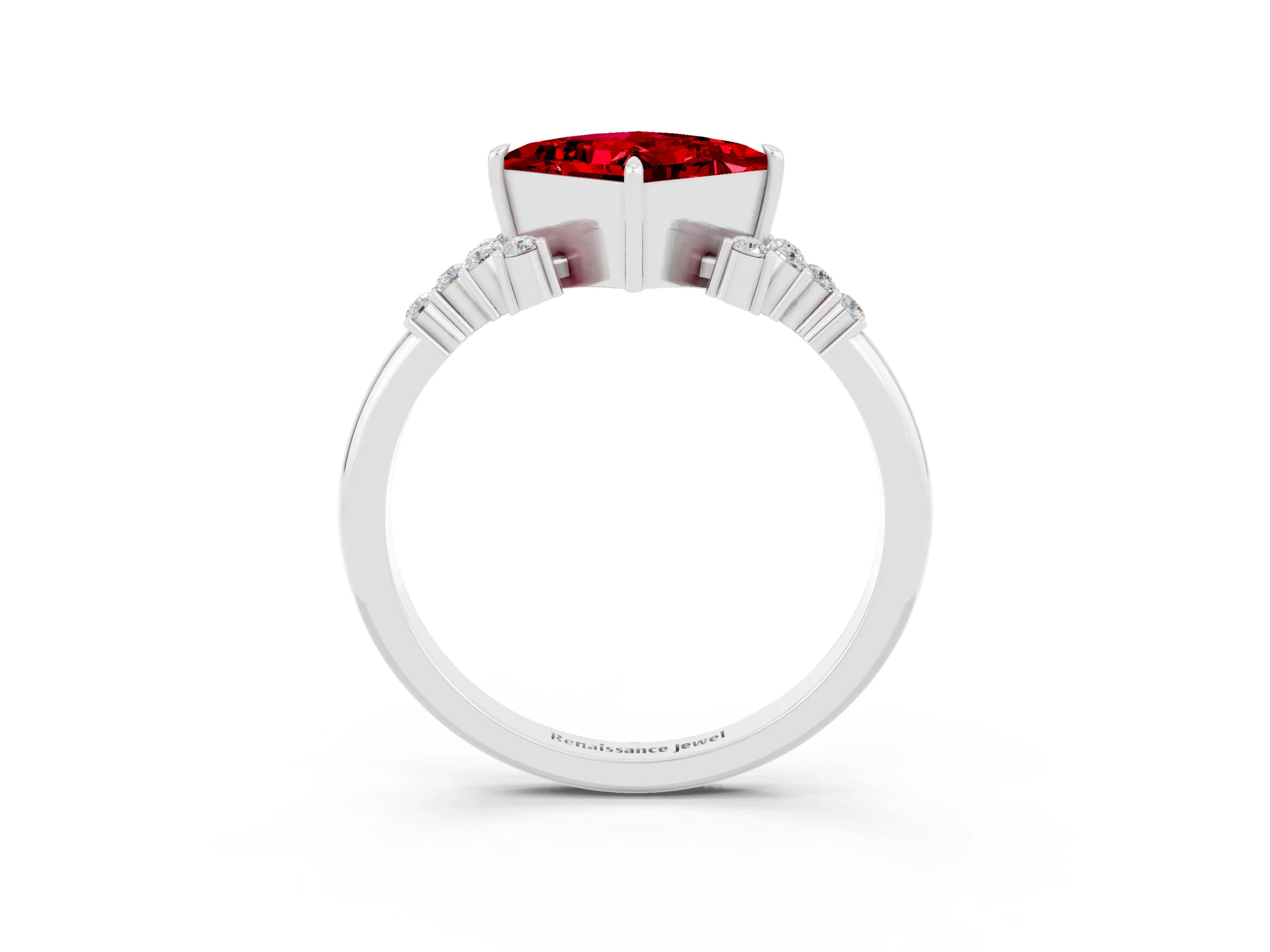 White gold Princess Cut Ruby Ring with Side Stones and Four-Prong Setting_39