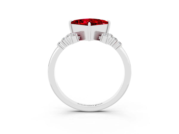 Silver Princess Cut Ruby Ring with Side Stones and Four-Prong Setting