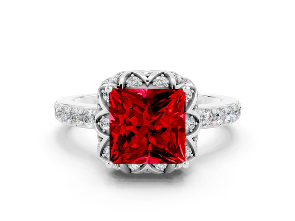 Platinum Princess Cut Ruby Scalloped Halo Engagement Ring with Round Shared Prong Band