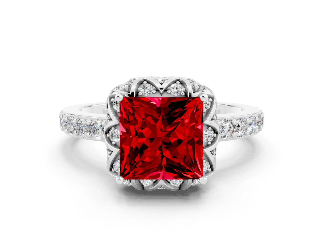 White gold Princess Cut Ruby Scalloped Halo Engagement Ring with Round Shared Prong Band_12