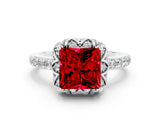 White gold Princess Cut Ruby Scalloped Halo Engagement Ring with Round Shared Prong Band_12