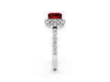 White gold Princess Cut Ruby Scalloped Halo Engagement Ring with Round Shared Prong Band_14