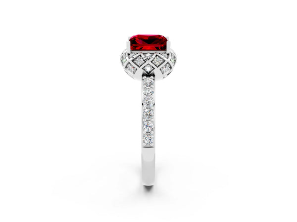 White gold Princess Cut Ruby Scalloped Halo Engagement Ring with Round Shared Prong Band