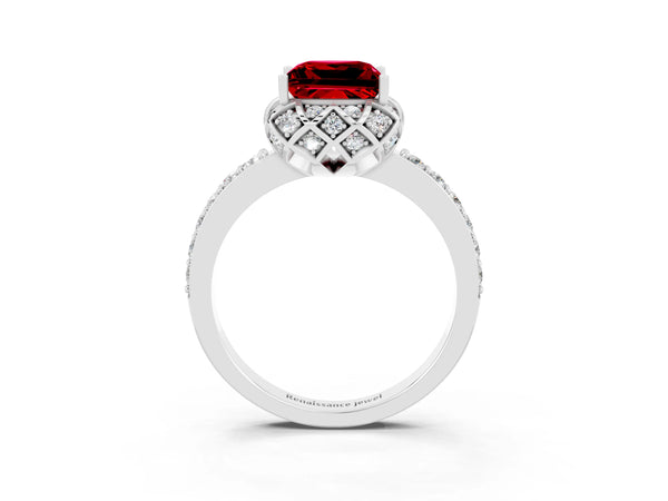 Silver Princess Cut Ruby Scalloped Halo Engagement Ring with Round Shared Prong Band