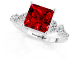 White gold Princess Cut Ruby Scattered Round Accent Ring with Prong Setting_43