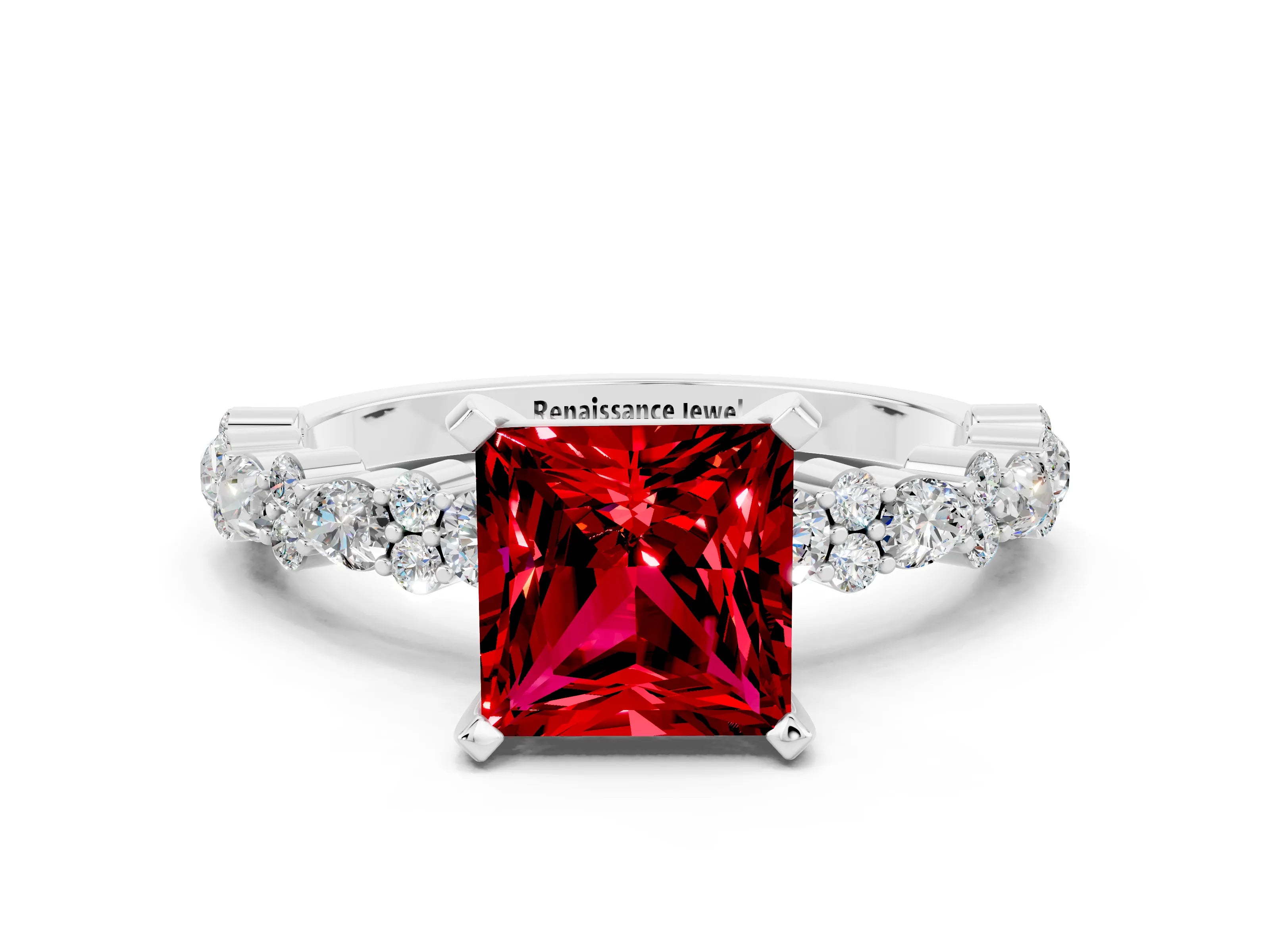 White gold Princess Cut Ruby Side Stone Solitaire Ring with Round  and Four-Prong Setting_48