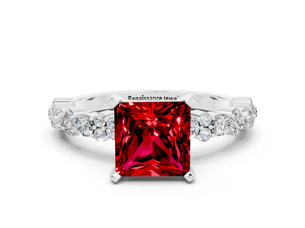 Platinum Princess Cut Ruby Side Stone Solitaire Ring with Round  and Four-Prong Setting