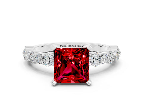 White gold Princess Cut Ruby Side Stone Solitaire Ring with Round  and Four-Prong Setting_48