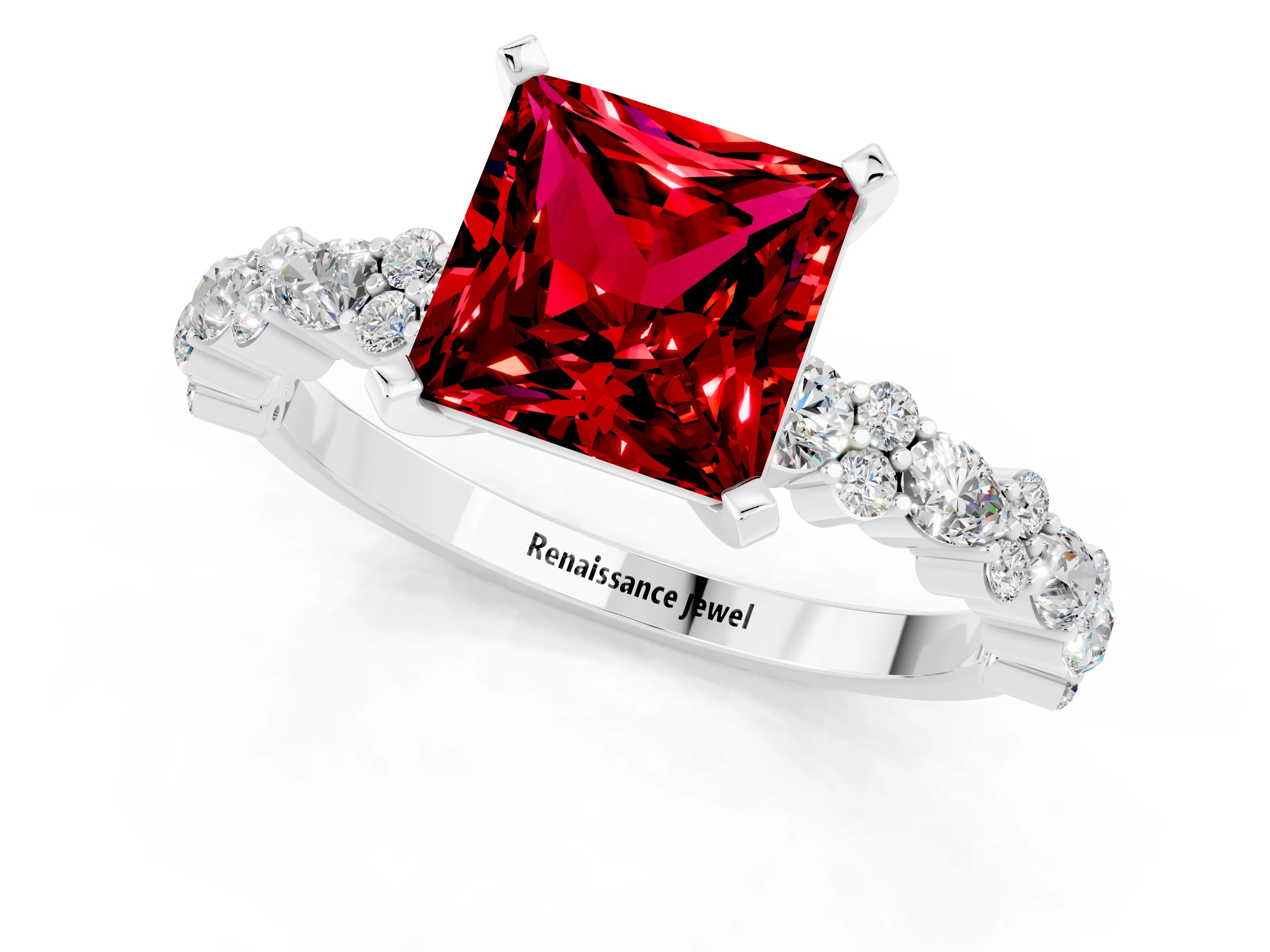 White gold Princess Cut Ruby Side Stone Solitaire Ring with Round  and Four-Prong Setting_49