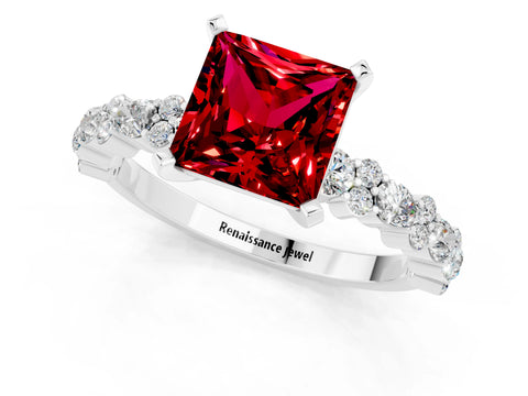White gold Princess Cut Ruby Side Stone Solitaire Ring with Round  and Four-Prong Setting_49
