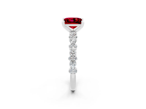 Silver Princess Cut Ruby Side Stone Solitaire Ring with Round  and Four-Prong Setting