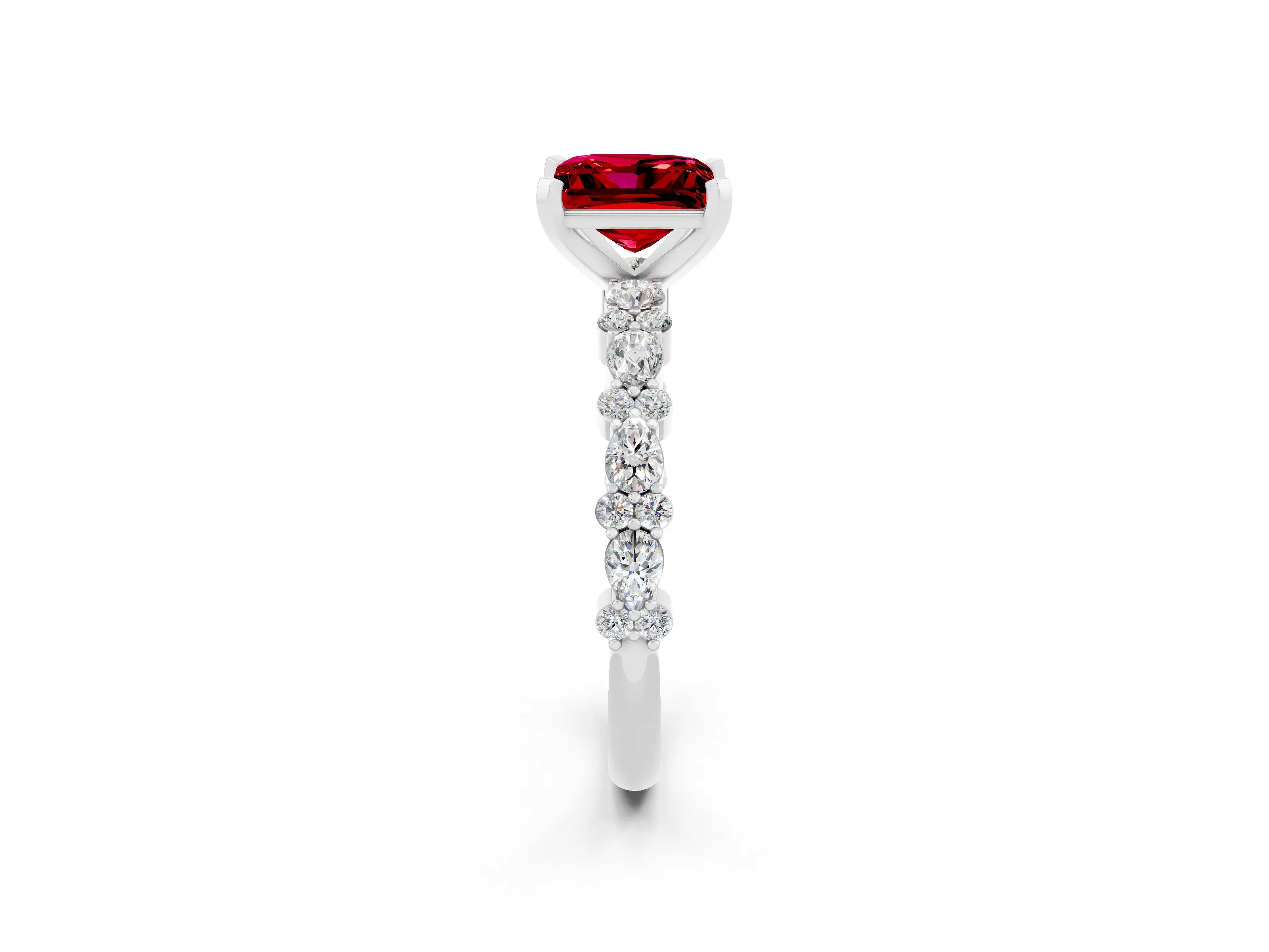 White gold Princess Cut Ruby Side Stone Solitaire Ring with Round  and Four-Prong Setting_50