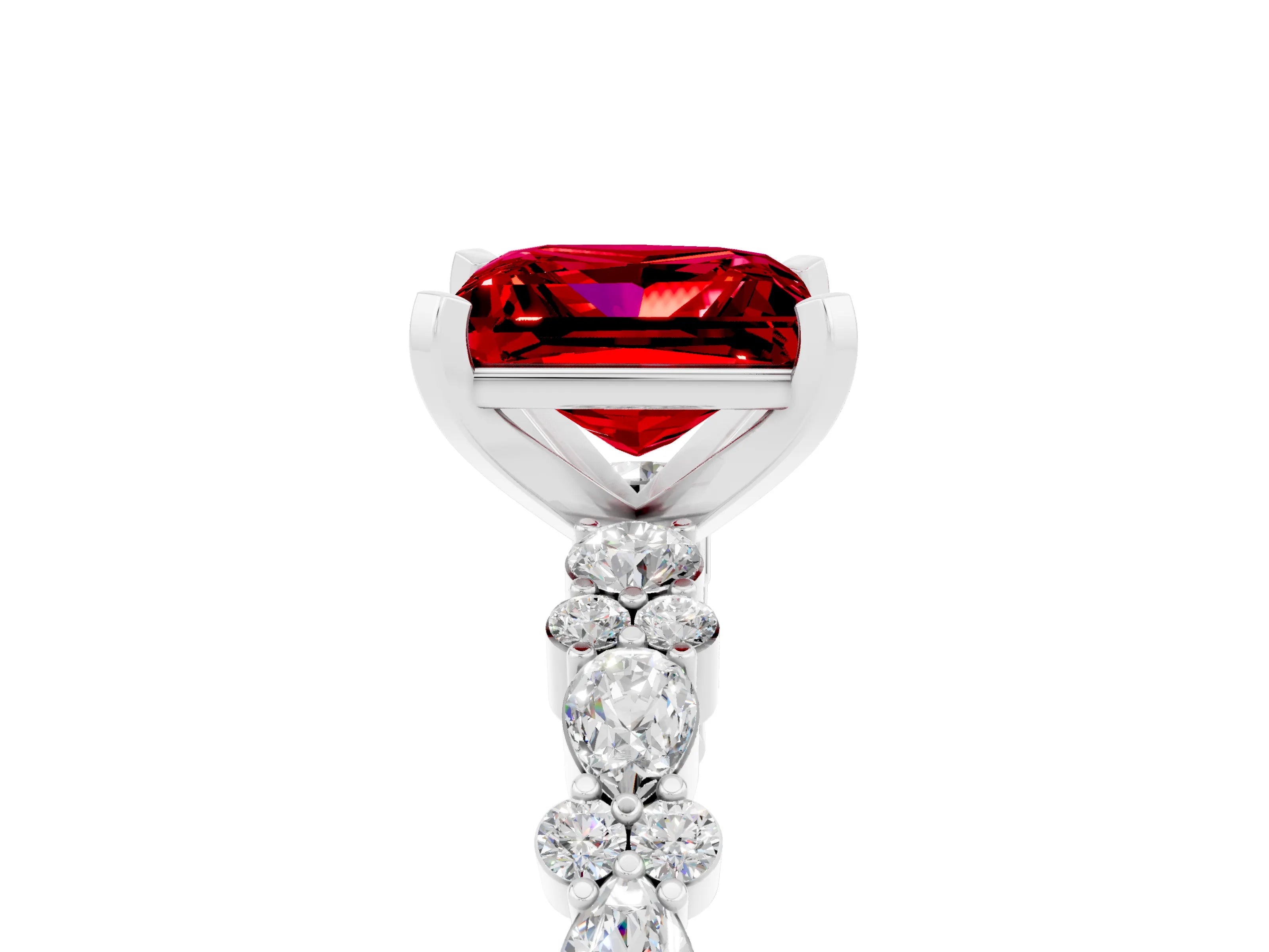 White gold Princess Cut Ruby Side Stone Solitaire Ring with Round  and Four-Prong Setting_53