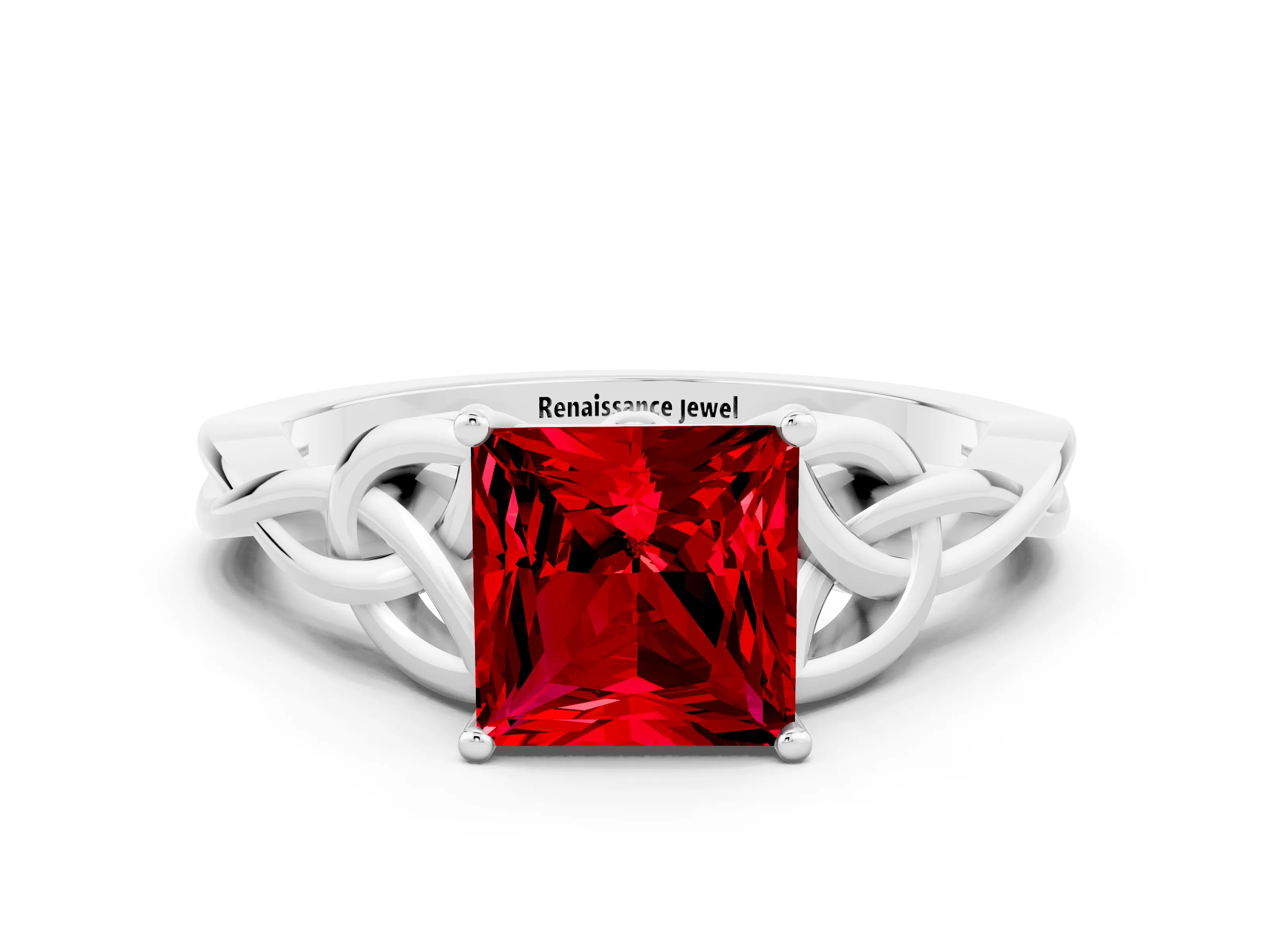 White gold Princess Cut Ruby Solitaire Celtic Knot Ring with Four-Prong Setting_12