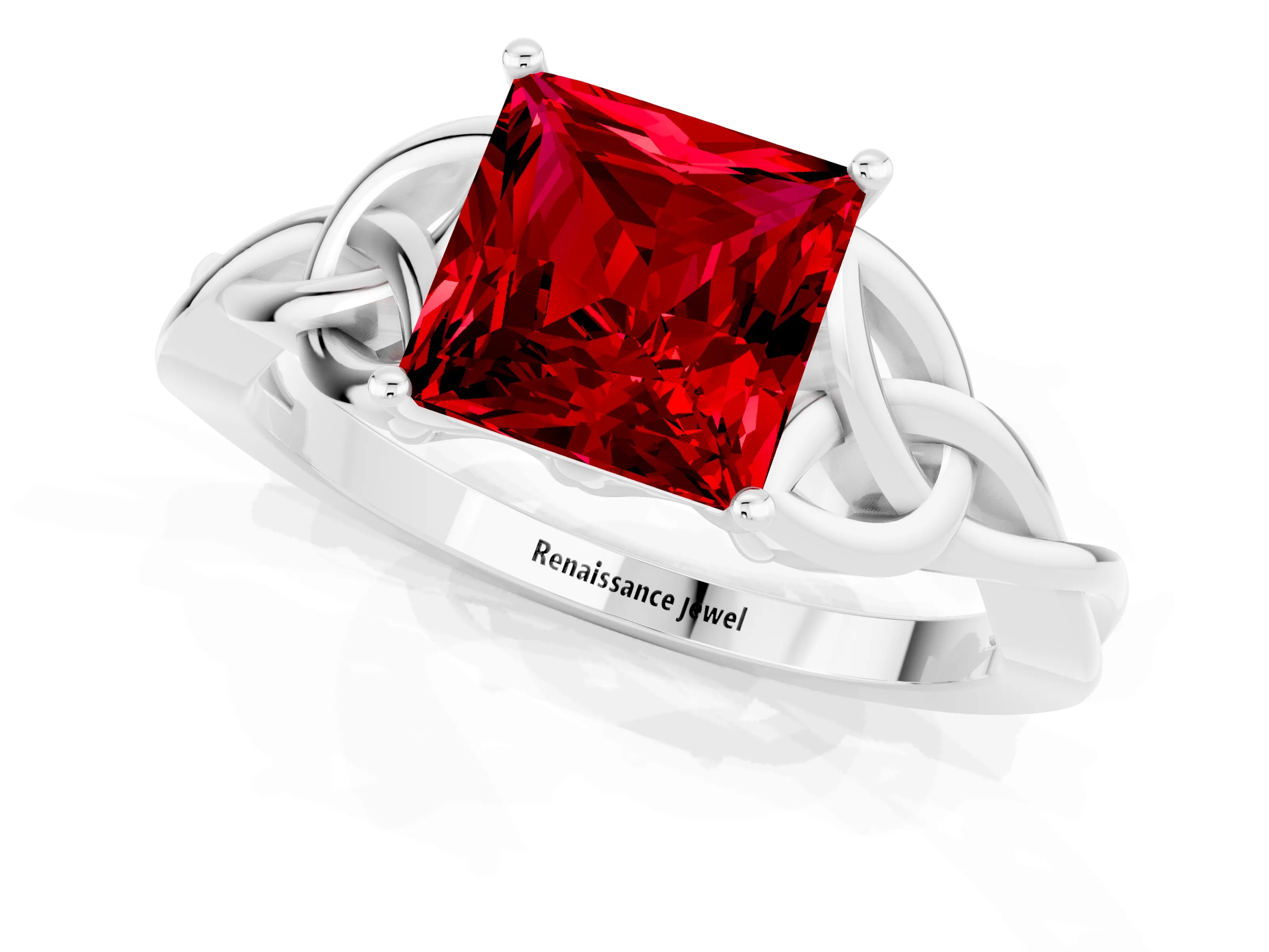 White gold Princess Cut Ruby Solitaire Celtic Knot Ring with Four-Prong Setting_13