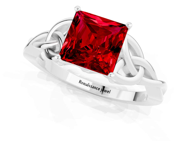 White gold Princess Cut Ruby Solitaire Celtic Knot Ring with Four-Prong Setting