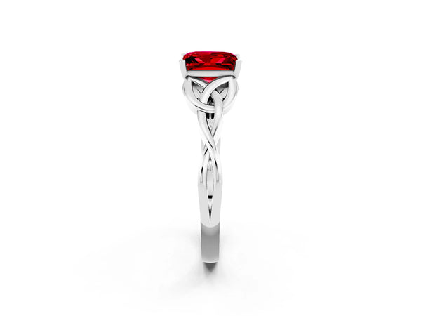 White gold Princess Cut Ruby Solitaire Celtic Knot Ring with Four-Prong Setting