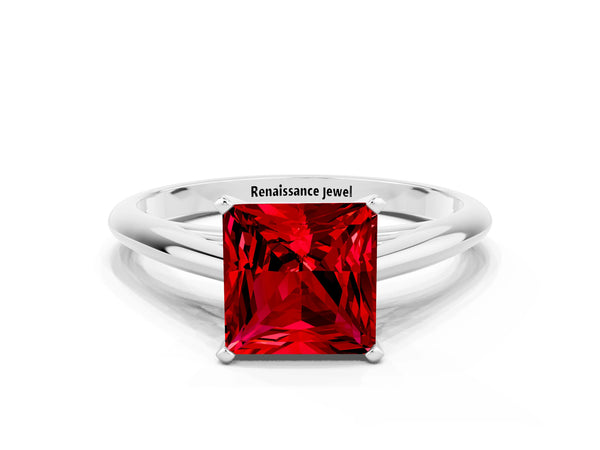 Platinum Princess Cut Ruby Solitaire Engagement Ring with Cathedral Setting and Four-Prong Mount