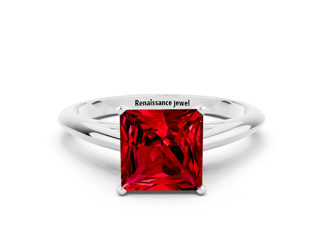 White gold Princess Cut Ruby Solitaire Engagement Ring with Cathedral Setting and Four-Prong Mount_132