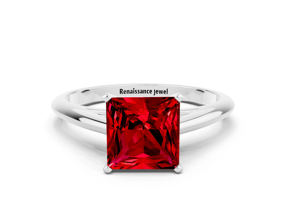 White gold Princess Cut Ruby Solitaire Engagement Ring with Cathedral Setting and Four-Prong Mount_24