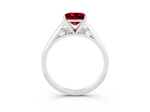 White gold Princess Cut Ruby Solitaire Engagement Ring with Cathedral Setting and Four-Prong Mount