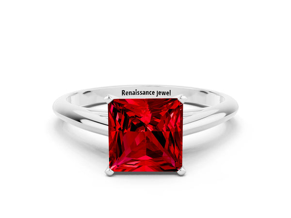White gold Princess Cut Ruby Solitaire Engagement Ring with Cathedral Setting and Four-Prong Mount