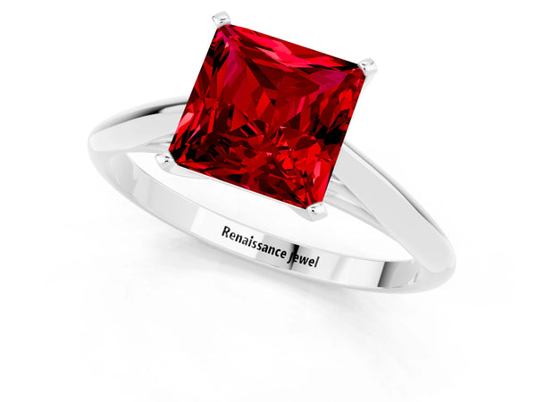 White gold Princess Cut Ruby Solitaire Engagement Ring with Cathedral Setting and Four-Prong Mount