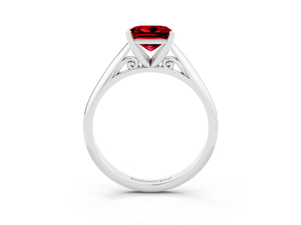 White gold Princess Cut Ruby Solitaire Engagement Ring with Cathedral Setting and Four-Prong Mount