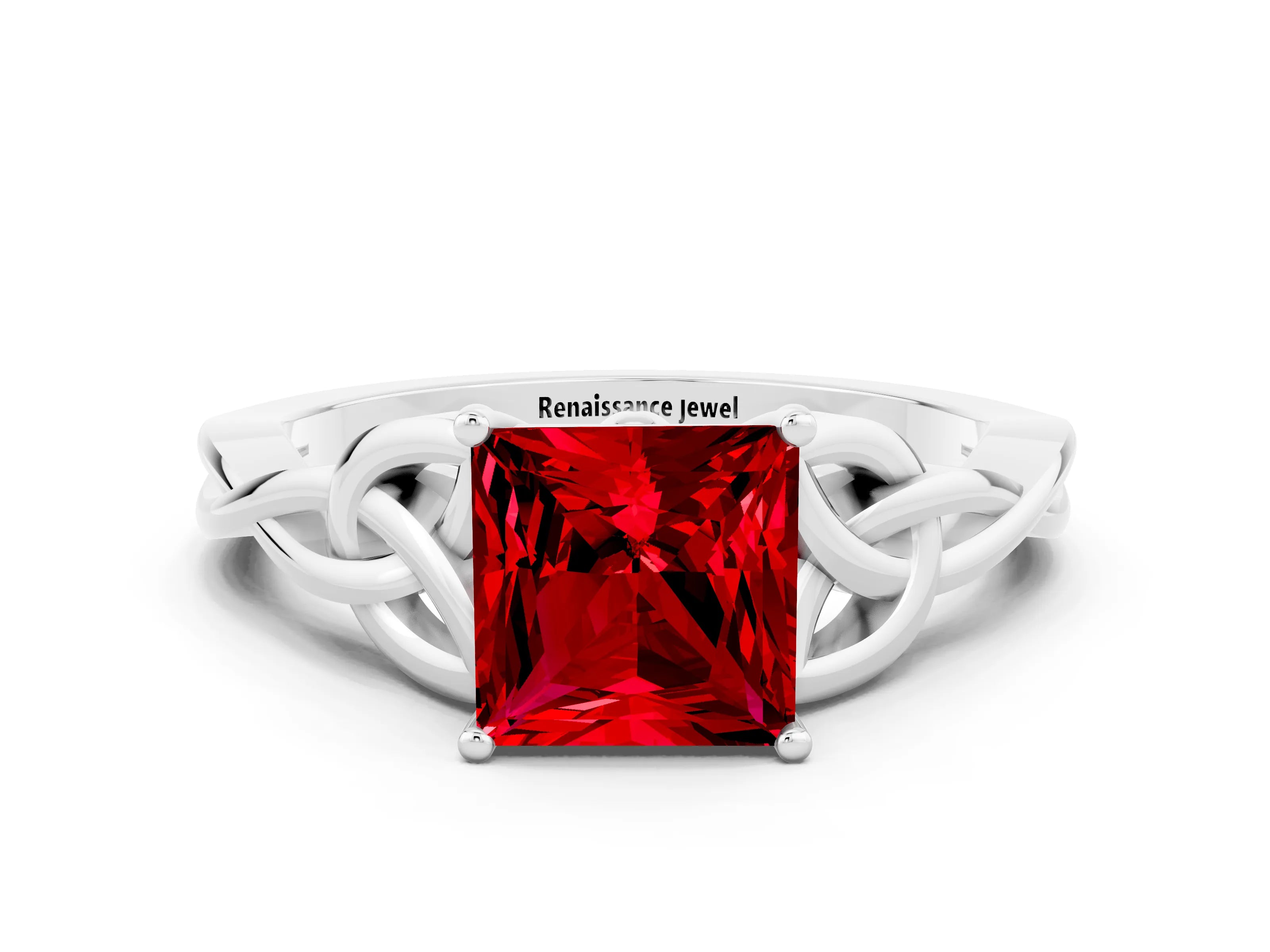 White gold Princess Cut Ruby Solitaire Engagement Ring with Celtic Knot Band and Four-Prong Setting