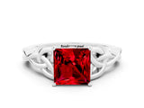 White gold Princess Cut Ruby Solitaire Engagement Ring with Celtic Knot Band and Four-Prong Setting